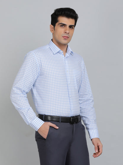 Light Blue Checked Regular Fit Formal Shirt | JadeBlue