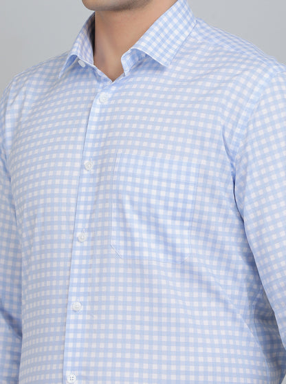 Light Blue Checked Regular Fit Formal Shirt | JadeBlue