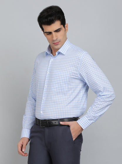 Light Blue Checked Regular Fit Formal Shirt | JadeBlue