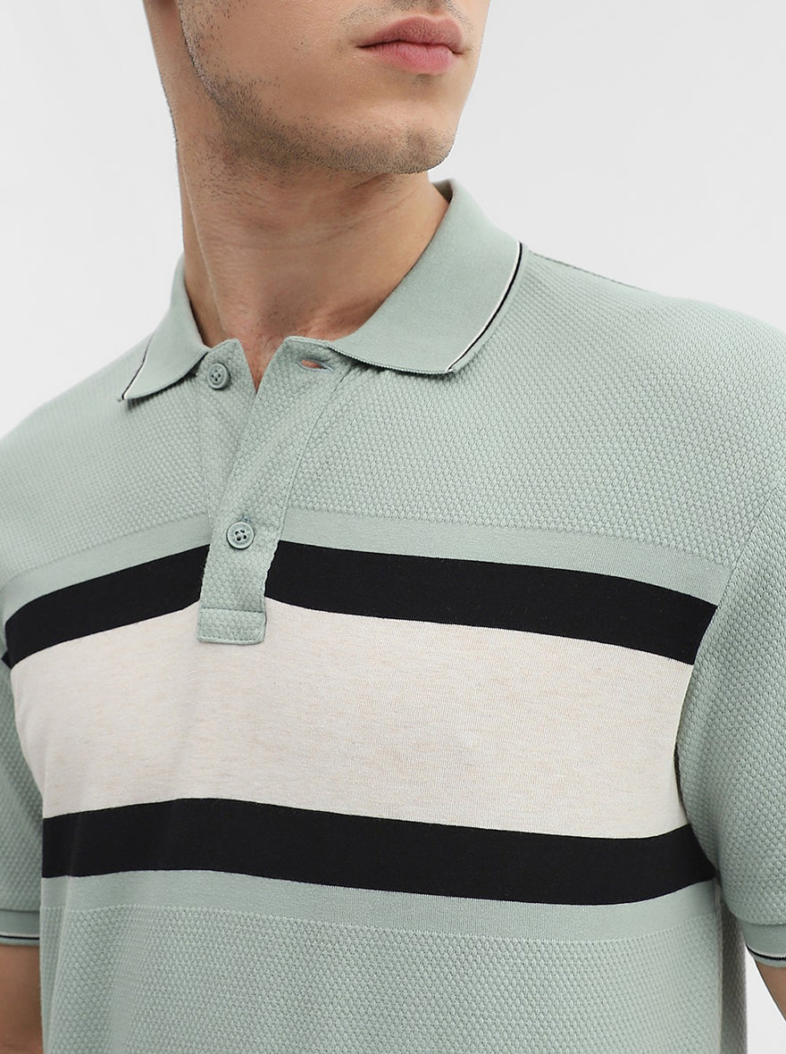Green & Grey Striped Slim Fit Polo T-Shirt | Greenfibre