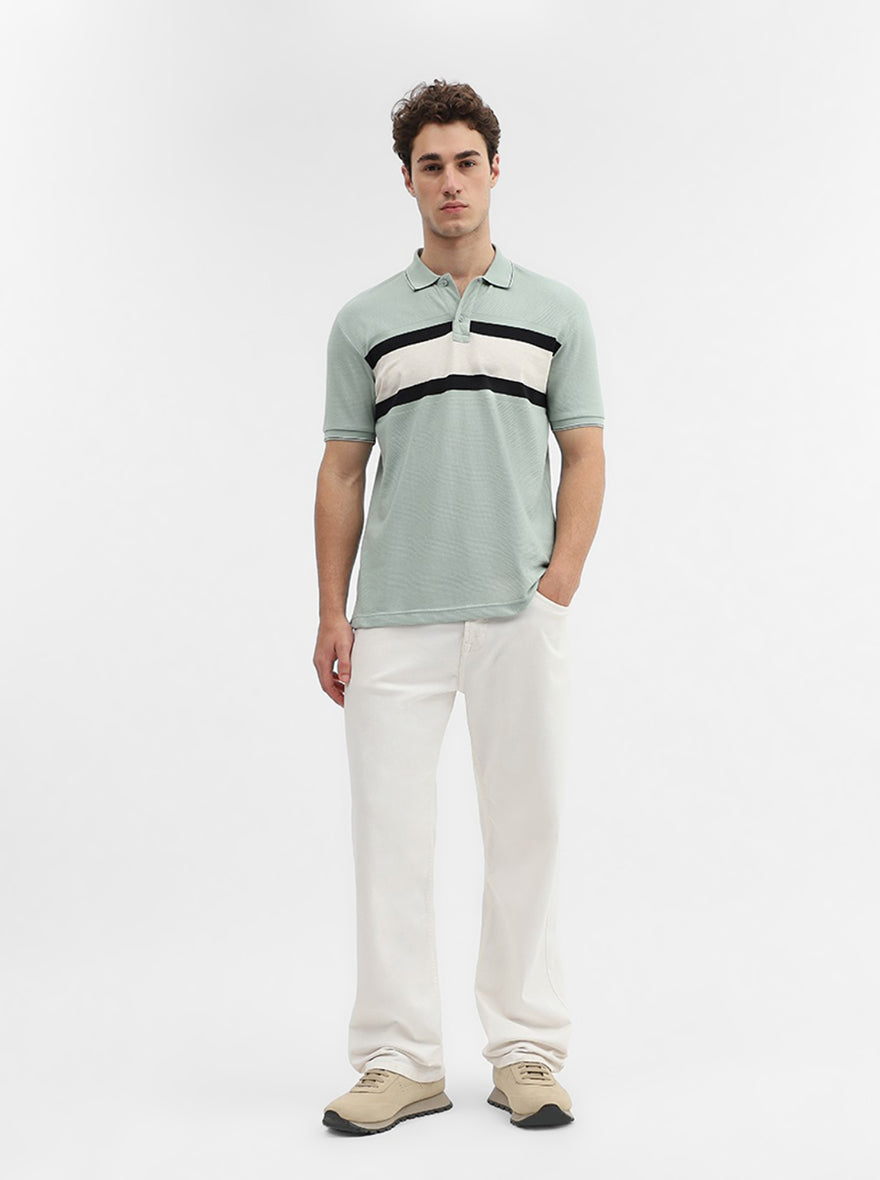 Green & Grey Striped Slim Fit Polo T-Shirt | Greenfibre
