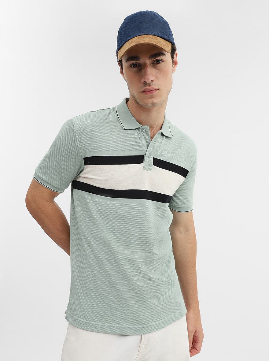 Green & Grey Striped Slim Fit Polo T-Shirt | Greenfibre