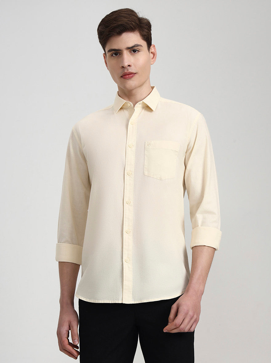 Cream Solid Slim Fit Casual Shirt | Greenfibre