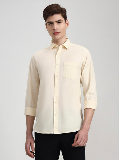 Cream Solid Slim Fit Casual Shirt | Greenfibre