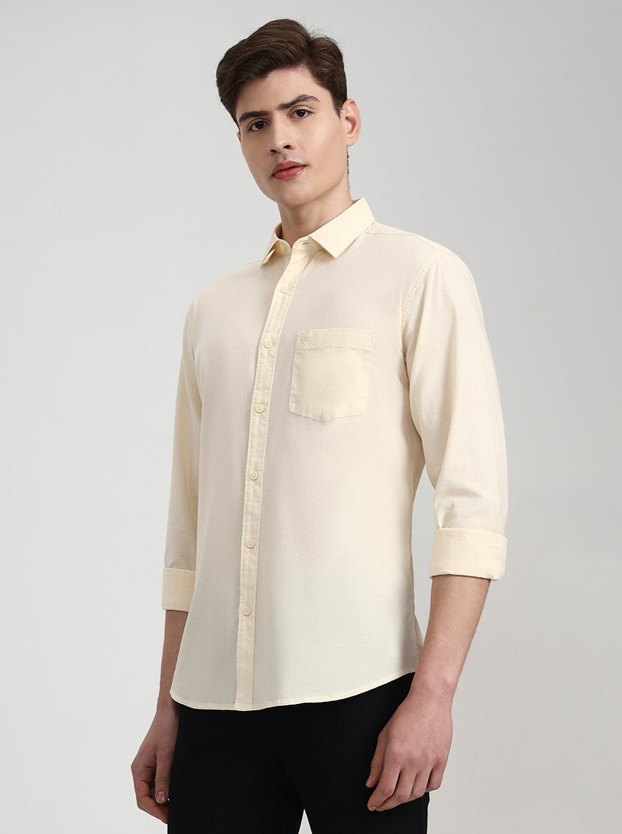 Cream Solid Slim Fit Casual Shirt | Greenfibre