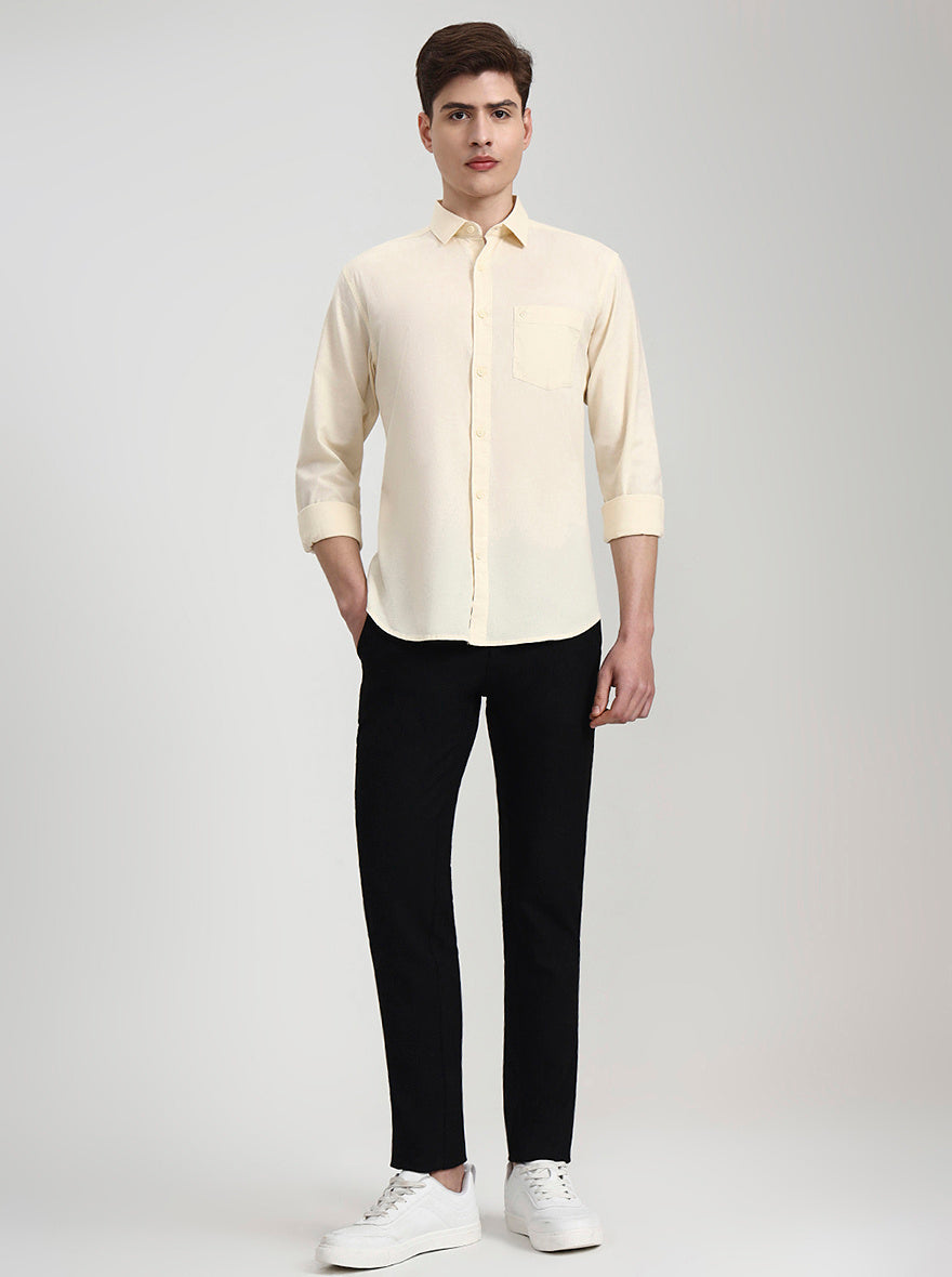 Cream Solid Slim Fit Casual Shirt | Greenfibre
