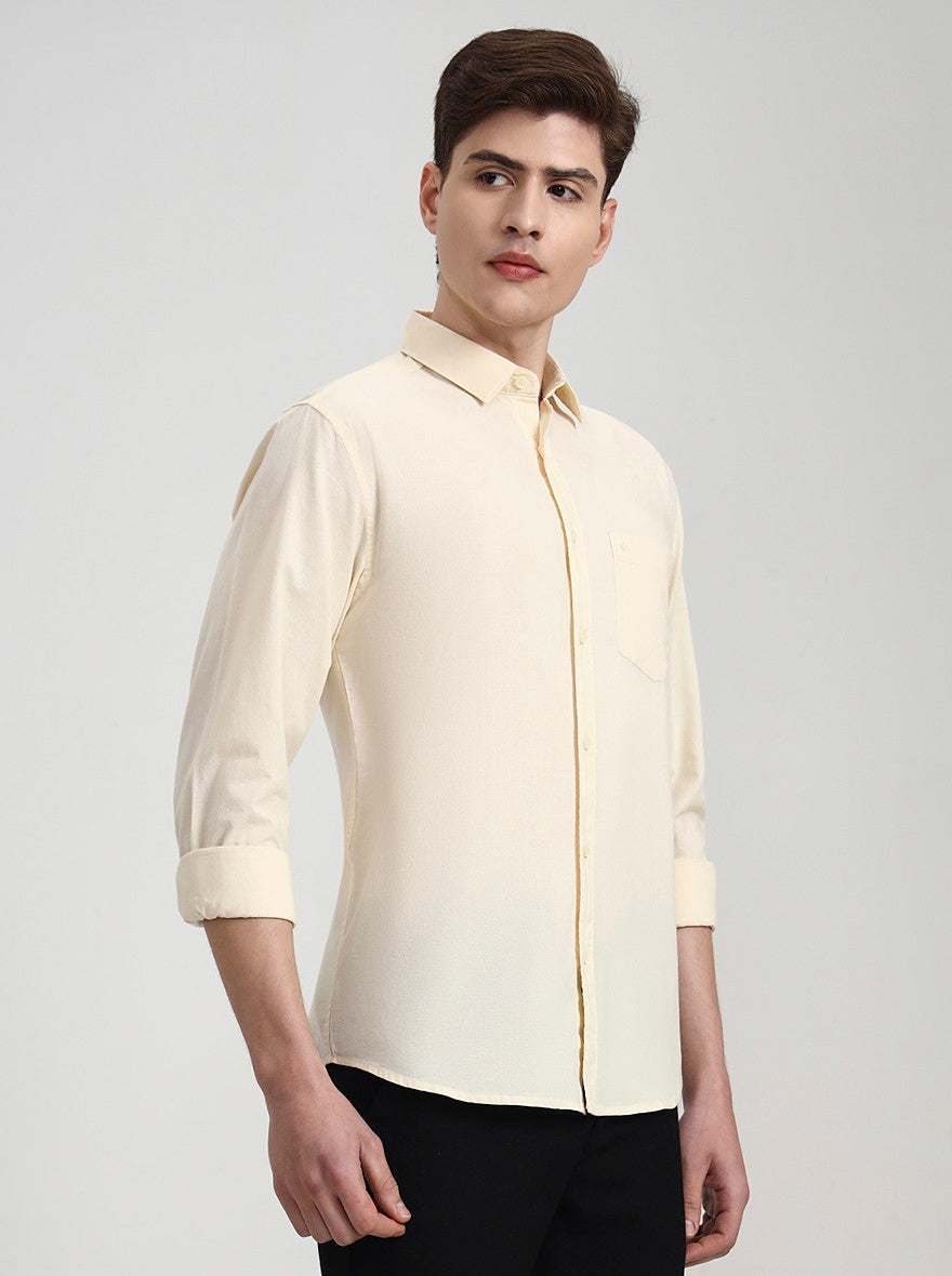 Cream Solid Slim Fit Casual Shirt | Greenfibre