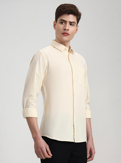 Cream Solid Slim Fit Casual Shirt | Greenfibre