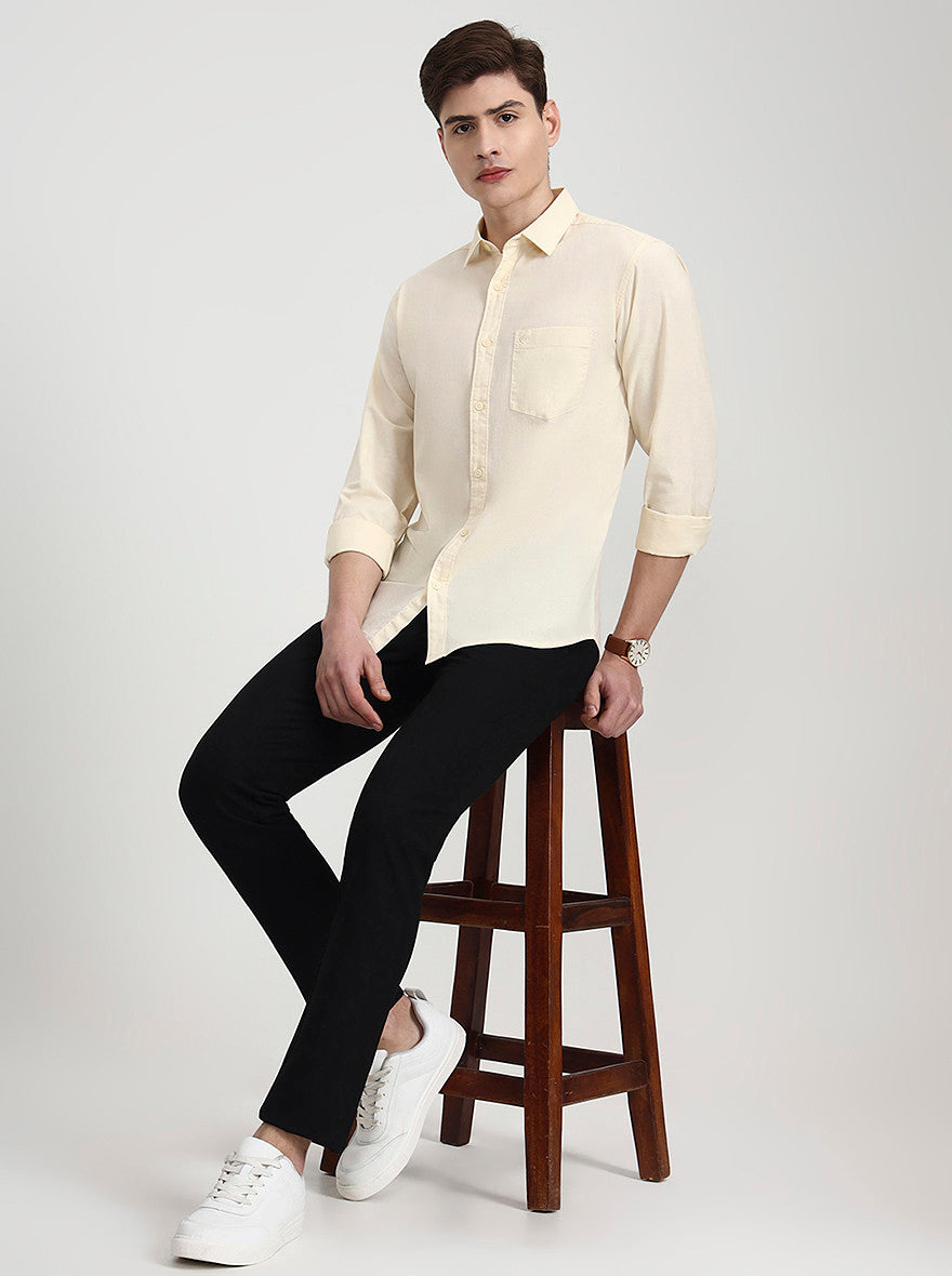 Cream Solid Slim Fit Casual Shirt | Greenfibre