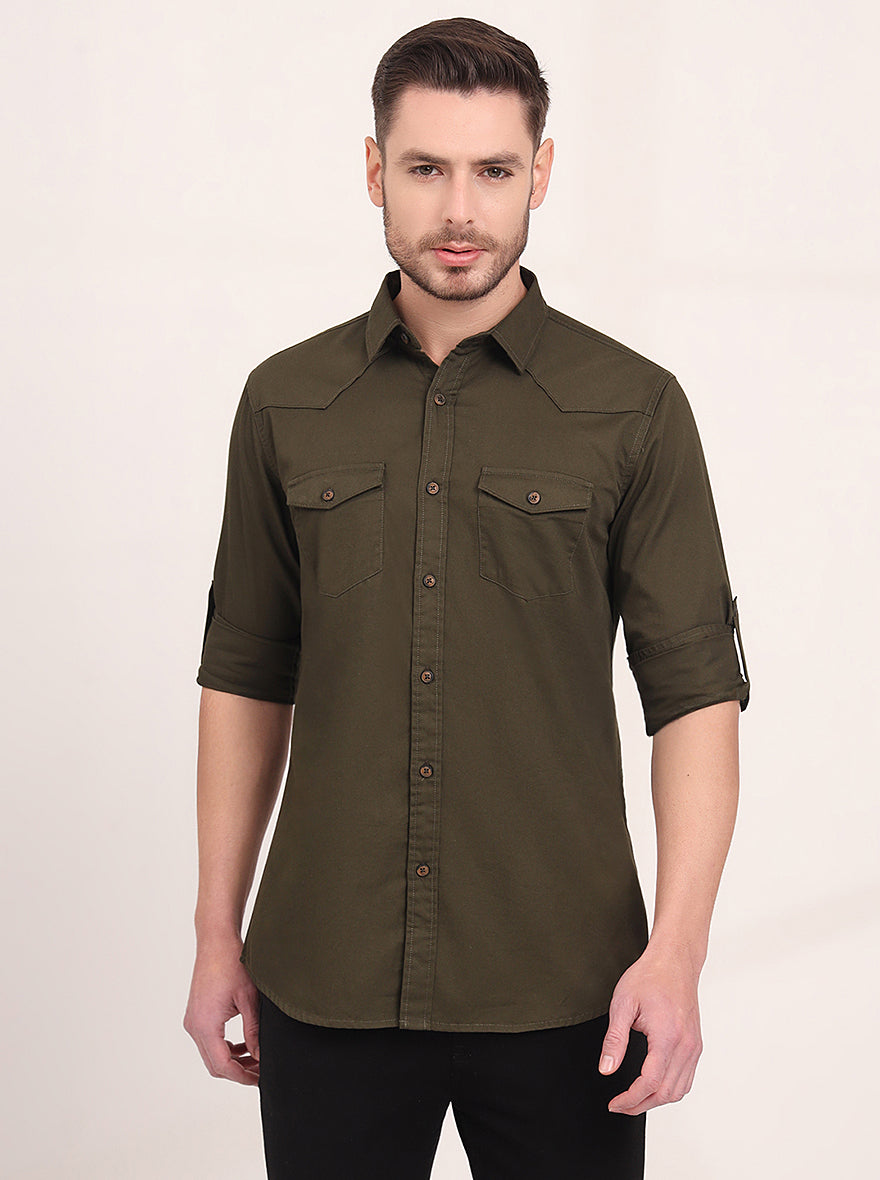Olive Brown Solid Slim Fit Casual Shirt | JadeBlue