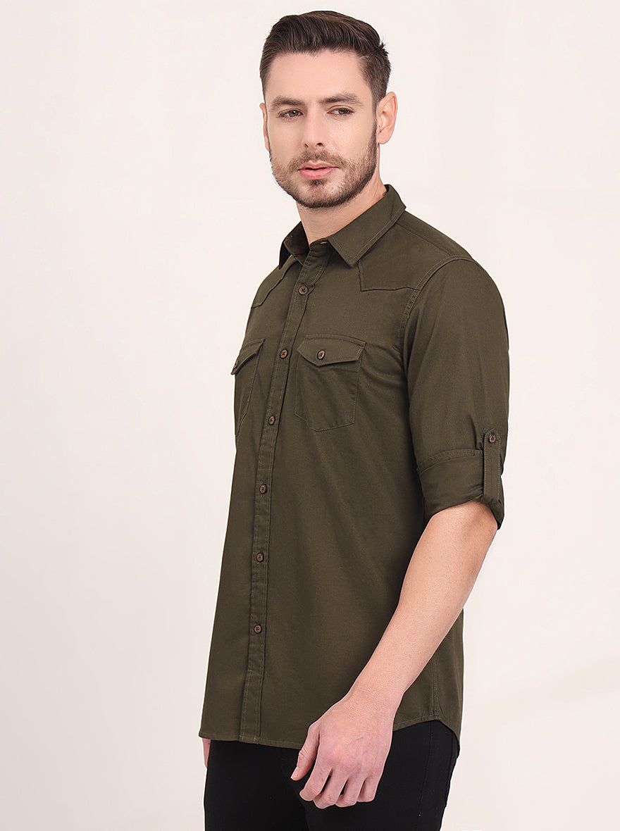 Olive Brown Solid Slim Fit Casual Shirt | JadeBlue