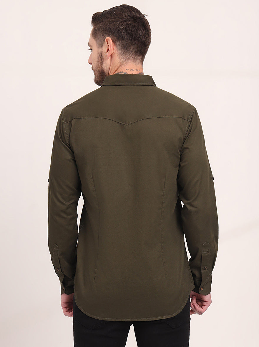 Olive Brown Solid Slim Fit Casual Shirt | JadeBlue