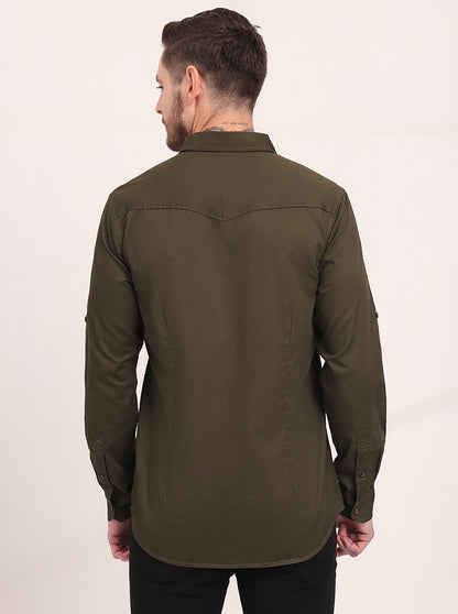 Olive Brown Solid Slim Fit Casual Shirt | JadeBlue