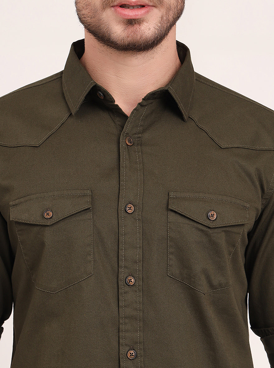 Olive Brown Solid Slim Fit Casual Shirt | JadeBlue