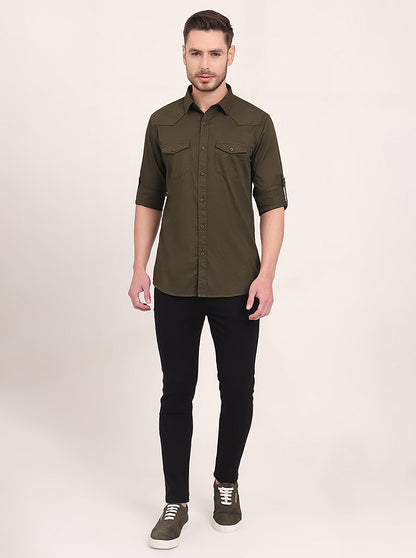 Olive Brown Solid Slim Fit Casual Shirt | JadeBlue
