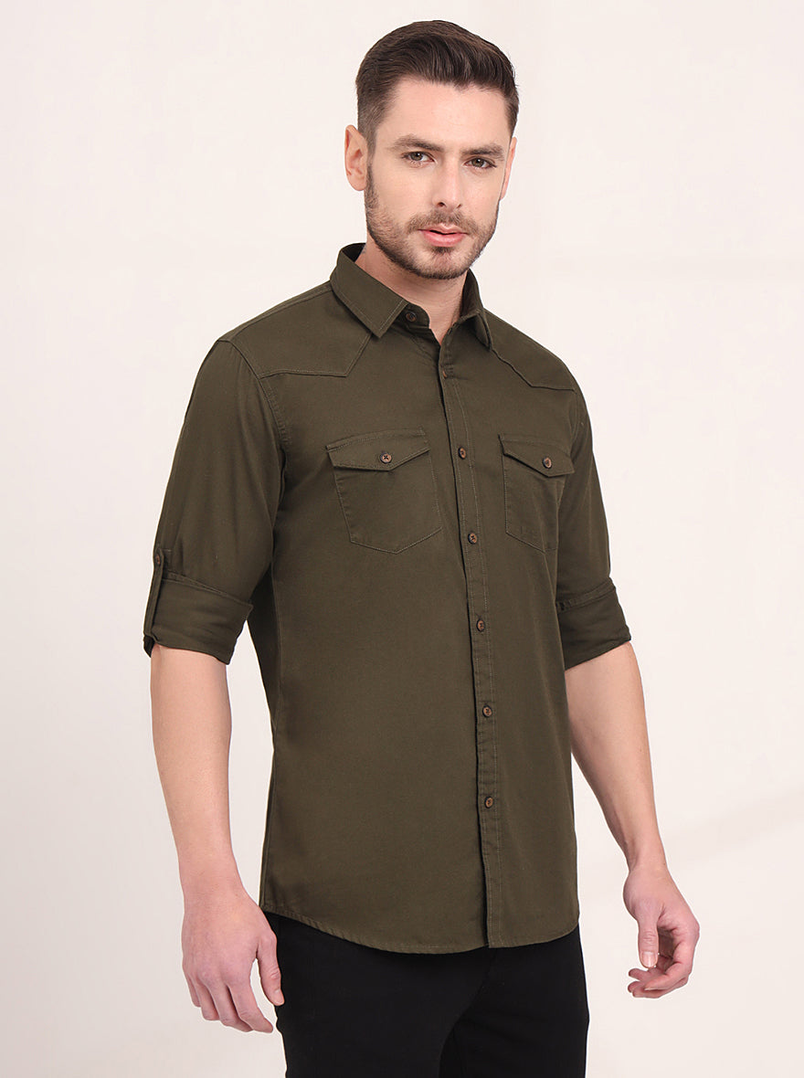 Olive Brown Solid Slim Fit Casual Shirt | JadeBlue