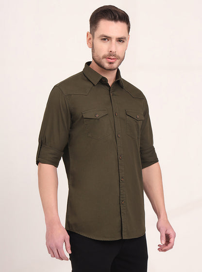 Olive Brown Solid Slim Fit Casual Shirt | JadeBlue