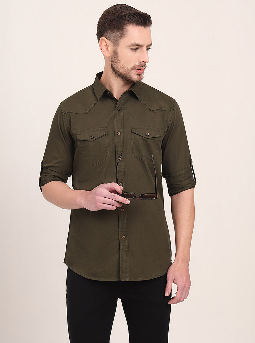 Olive Brown Solid Slim Fit Casual Shirt | JadeBlue
