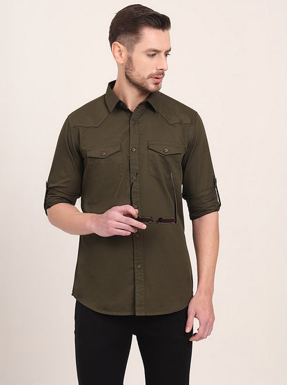 Olive Brown Solid Slim Fit Casual Shirt | JadeBlue