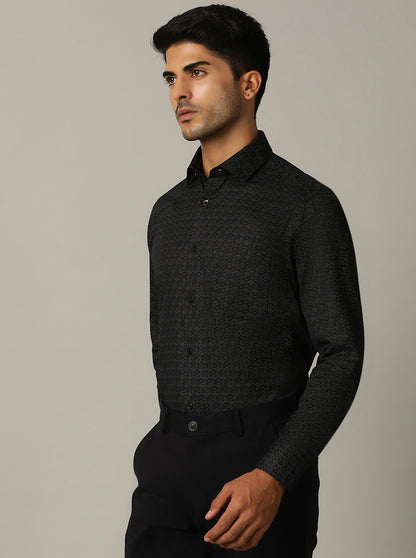 Navy Blue Printed Slim Fit Formal Shirt | Metal