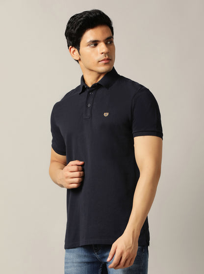 Navy Blue Solid Slim Fit Polo T-Shirt | JadeBlue
