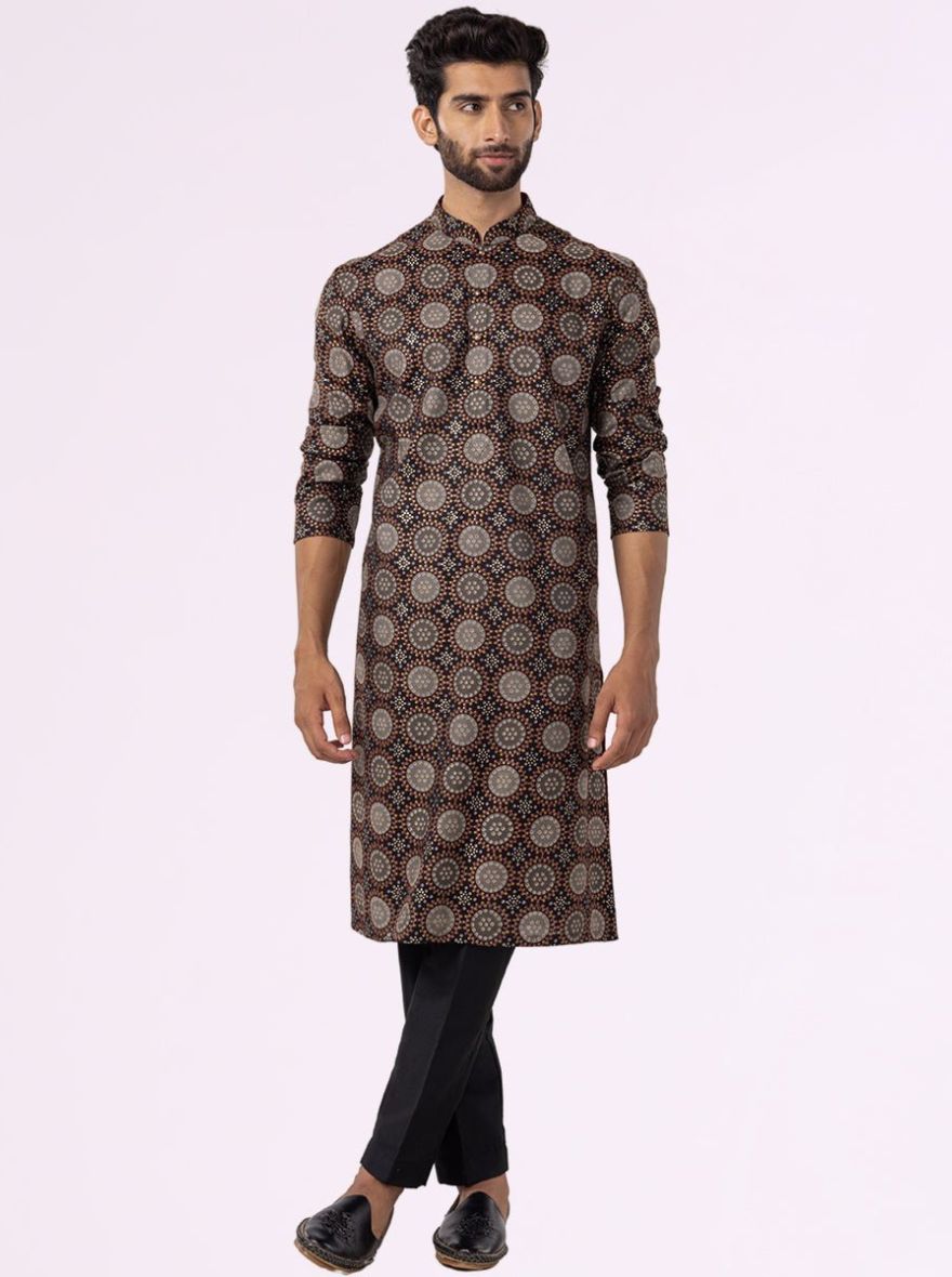 Jet Black & grey Printed Cotton Poly Blend Kurta | The Kurta Company