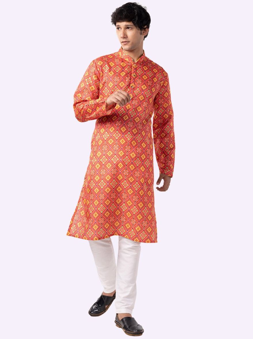 Carrot Red & Parrot green Printed Cotton Blend Kurta | The Kurta Company