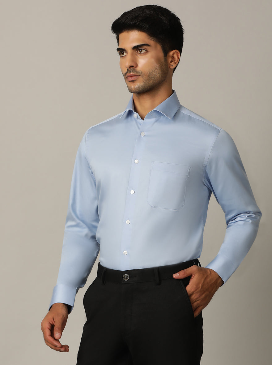Sky Blue Solid Slim Fit Formal Shirt | Metal