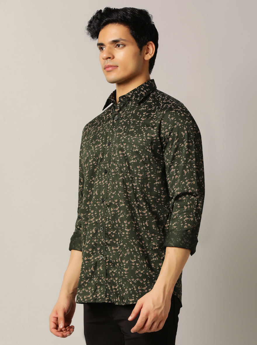 Olive Green Printed Tailored Fit Semi Casual Shirt | JadeBlue