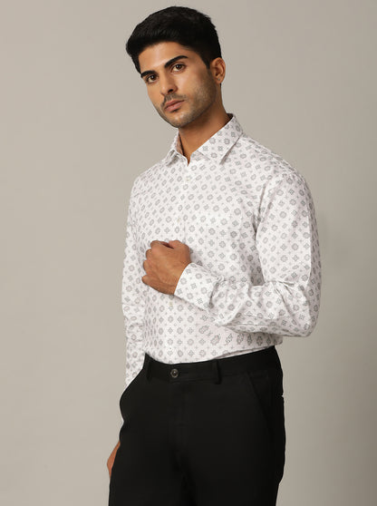 White Printed Regular Fit Formal Shirt | JadeBlue