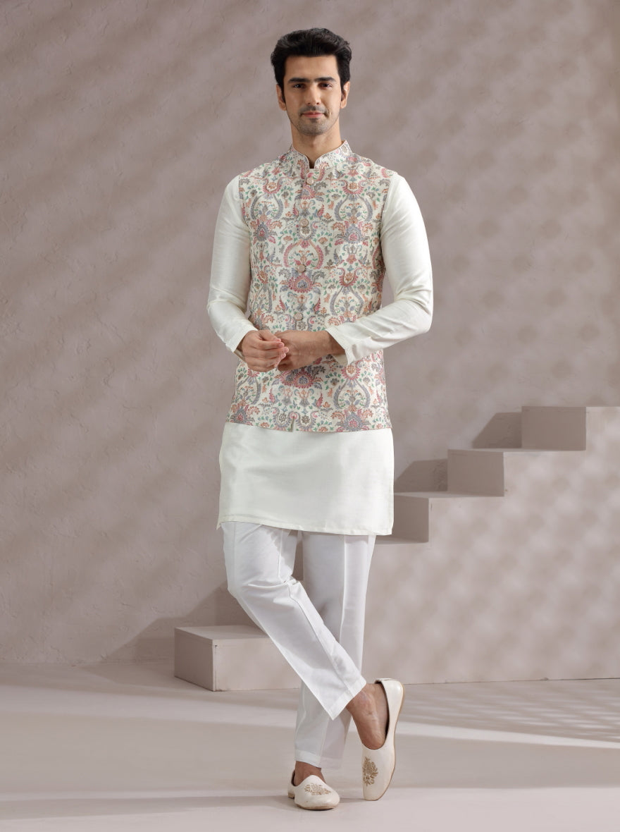 Ivory Printed Bandhgala Jacket | Virasana