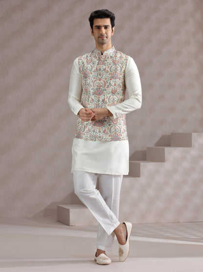 Ivory Printed Bandhgala Jacket | Virasana