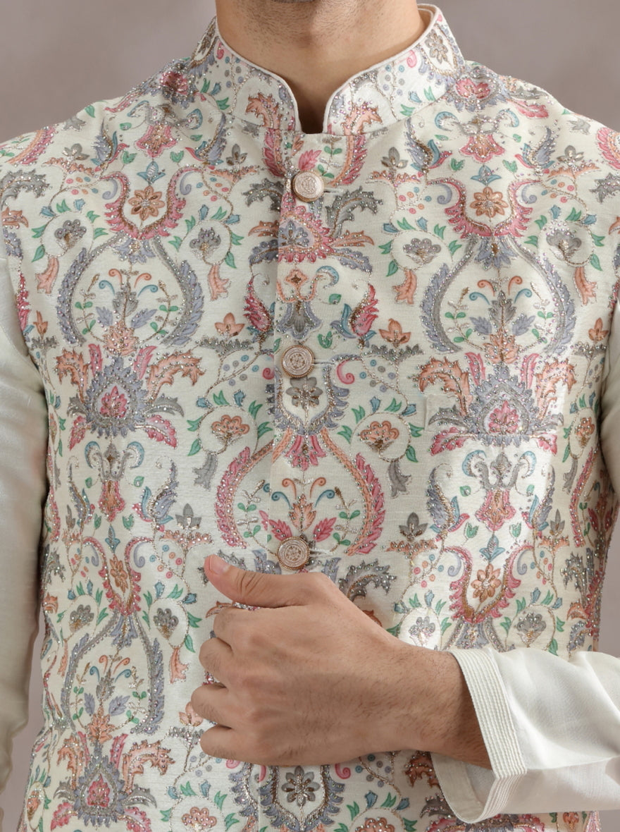 Ivory Printed Bandhgala Jacket | Virasana