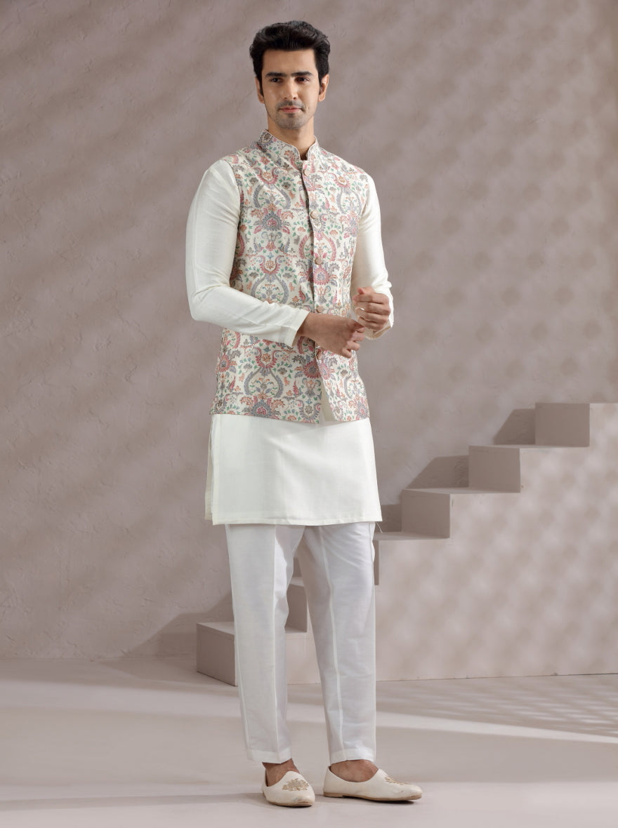 Ivory Printed Bandhgala Jacket | Virasana