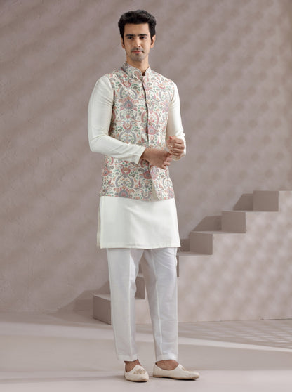 Ivory Printed Bandhgala Jacket | Virasana