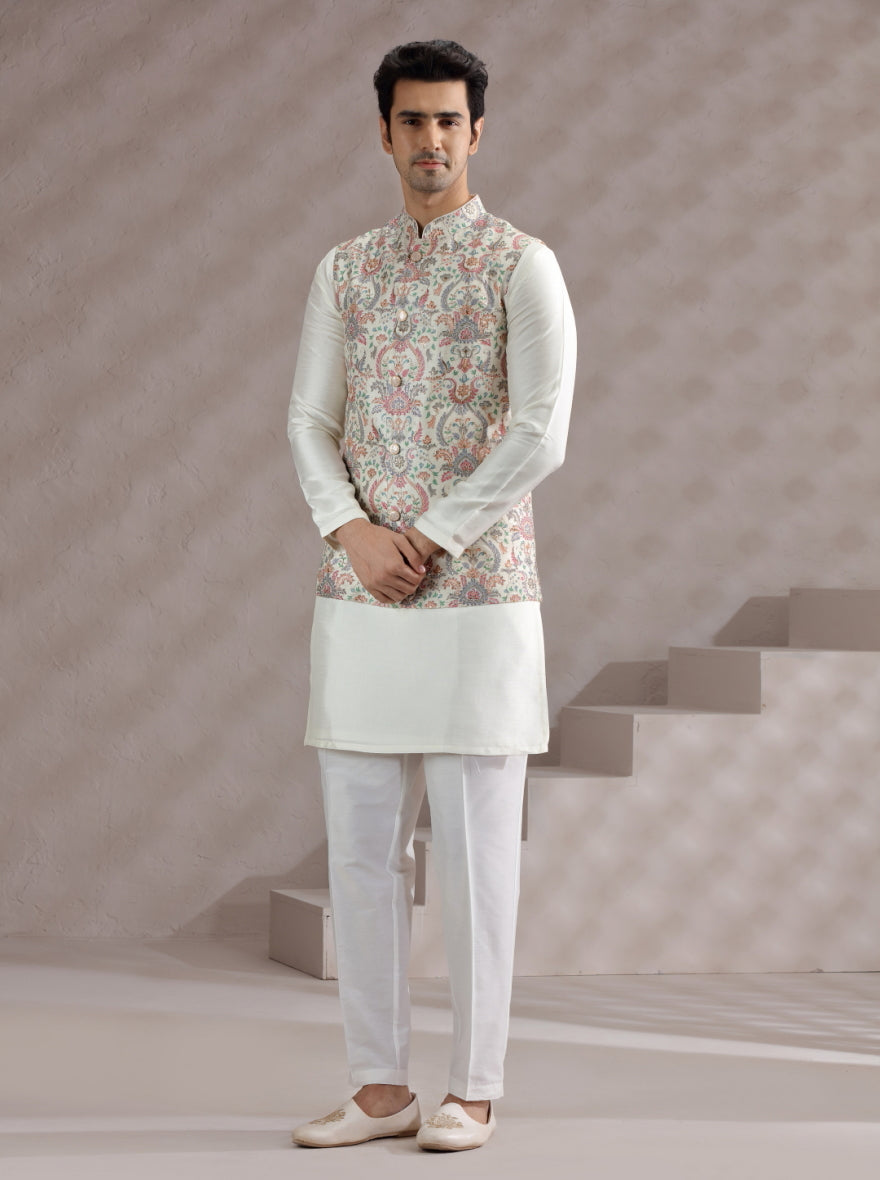 Ivory Printed Bandhgala Jacket | Virasana