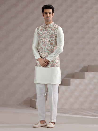 Ivory Printed Bandhgala Jacket | Virasana