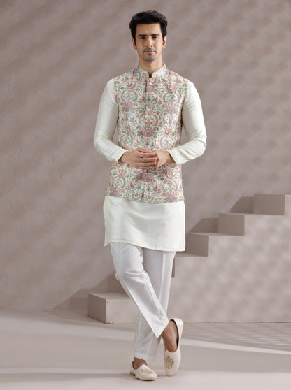 Ivory Printed Bandhgala Jacket | Virasana