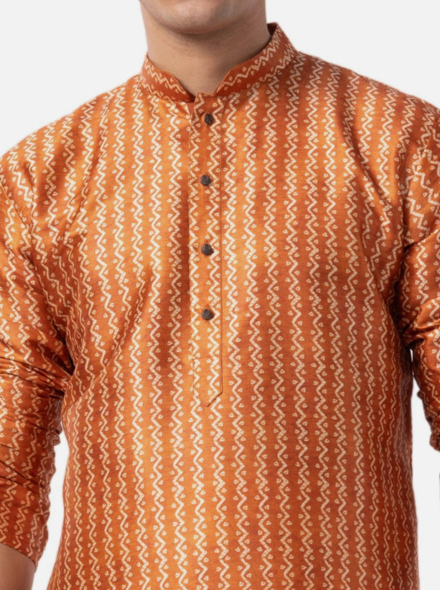 Russet Brown Printed Silk Blend Kurta | The Kurta Company