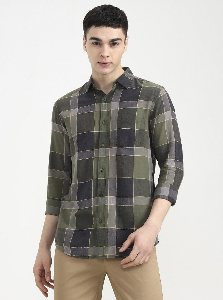 Green Checked Slim Fit Casual Shirt | JadeBlue