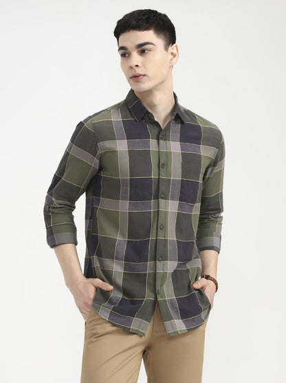 Green Checked Slim Fit Casual Shirt | JadeBlue