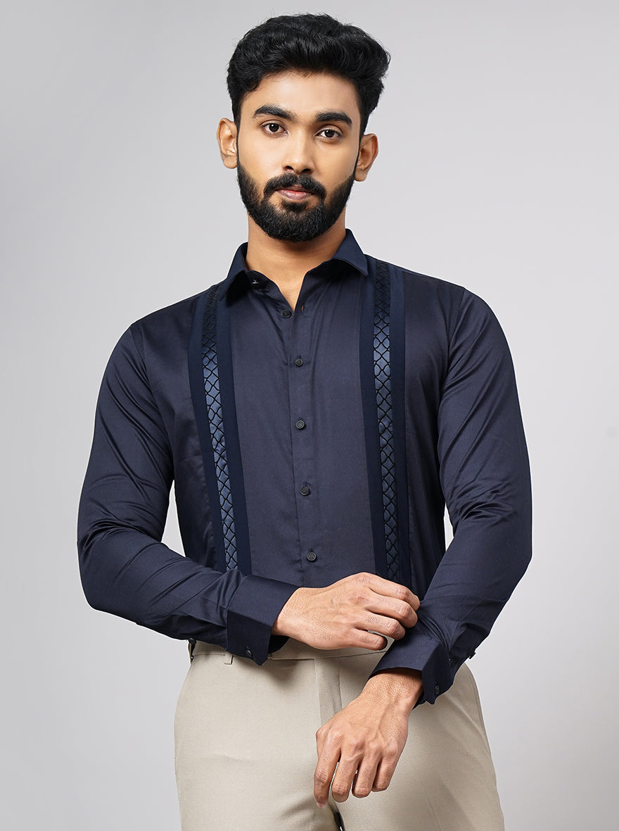Navy Blue Solid Slim Fit Party Wear Shirt | JB Studio