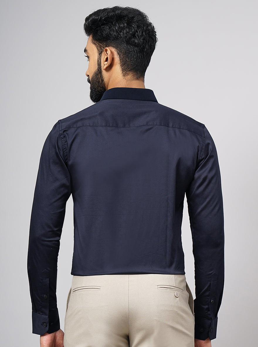 Navy Blue Solid Slim Fit Party Wear Shirt | JB Studio