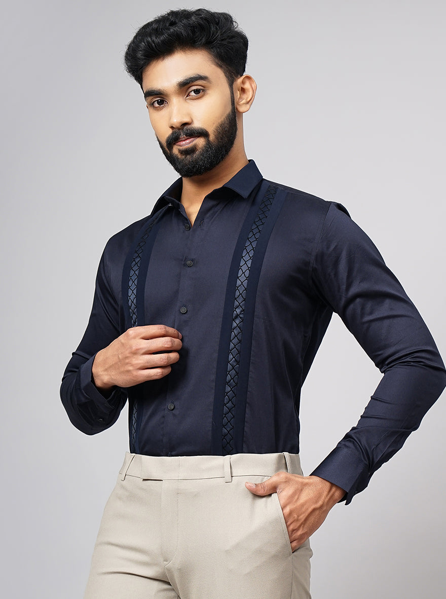 Navy Blue Solid Slim Fit Party Wear Shirt | JB Studio