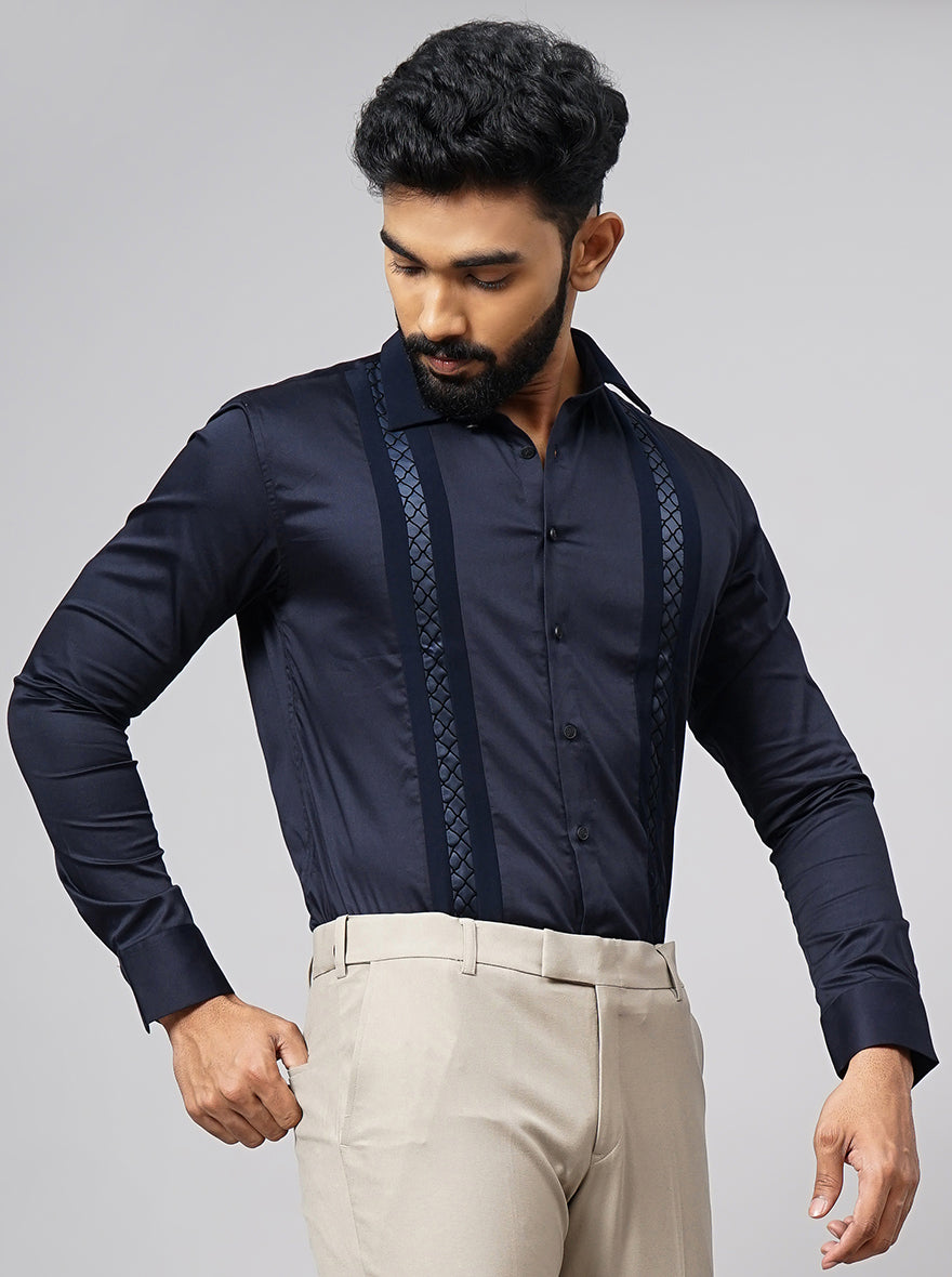 Navy Blue Solid Slim Fit Party Wear Shirt | JB Studio