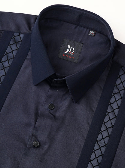 Navy Blue Solid Slim Fit Party Wear Shirt | JB Studio