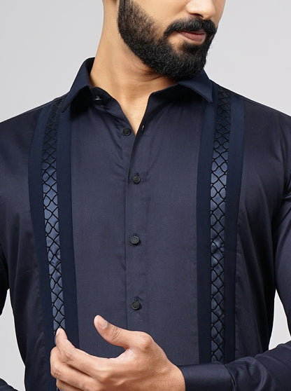 Navy Blue Solid Slim Fit Party Wear Shirt | JB Studio