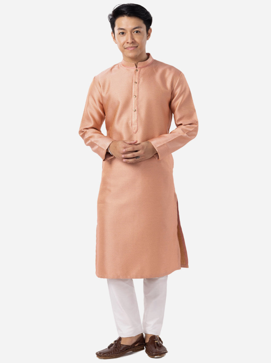 Rose Pink Self Textured Silk Brocade Kurta | The Kurta Company