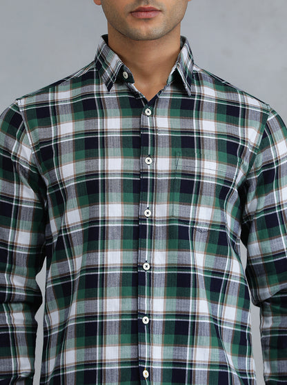 Green Checked Slim Fit Casual Shirt | Greenfibre