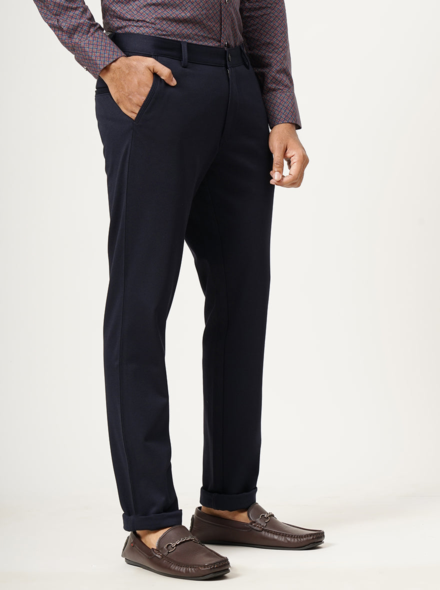 Navy Blue Solid Slim Fit Club Wear Trouser | JB Studio